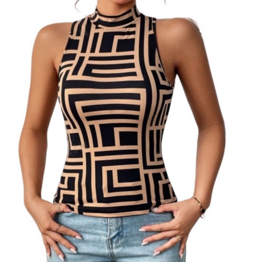 NWT SHEIN Prive Mock Neck Geometric Tank Top XL Black Tan Fitted Chic
